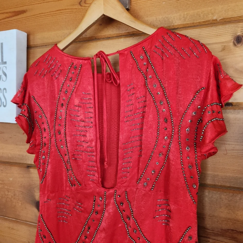 Free people Shine Like the Stars Red Mini Dress Satin Beaded Embellished Size XS